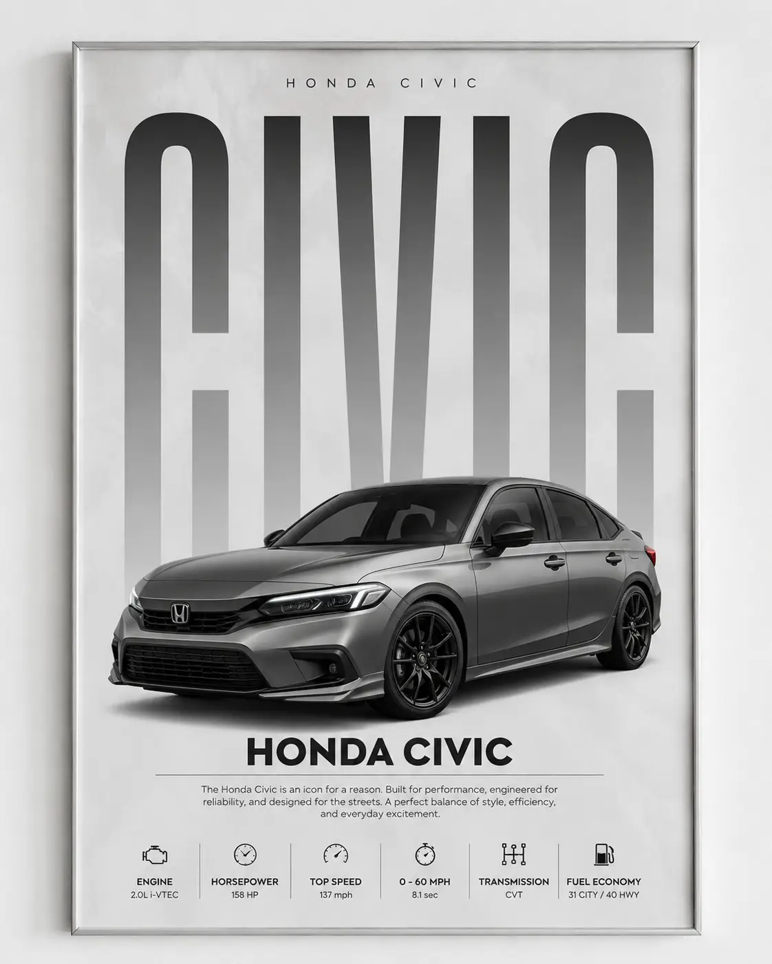 Honda Civic Poster No Frame | Sports Car Wall Art Print | Modern Automotive Poster | Gift for Car Enthusiast | Car Print | Car Poster
