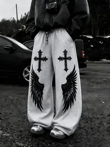Gothic Cross & Angel Wings Print Streetwear Joggers, Unisex Fall Winter Loose Fit Pants, Trendy Casual Sportswear, Men's Gift Idea, Angel Wing Graphics, Gothic Prints