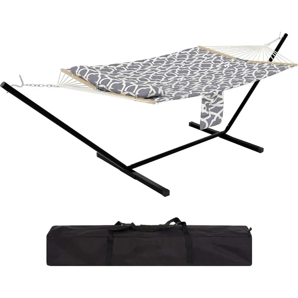 12FT Stable Adjustable Fabric Hammock with Stand for Adults - 450LB Heavy-Duty, Large Outdoor Hammock with Hardwood Spreader Bar, Weather-Resistant Polyester Fabric, Carrying Bag for Patio, Dorm, Floor, Durable Hammock