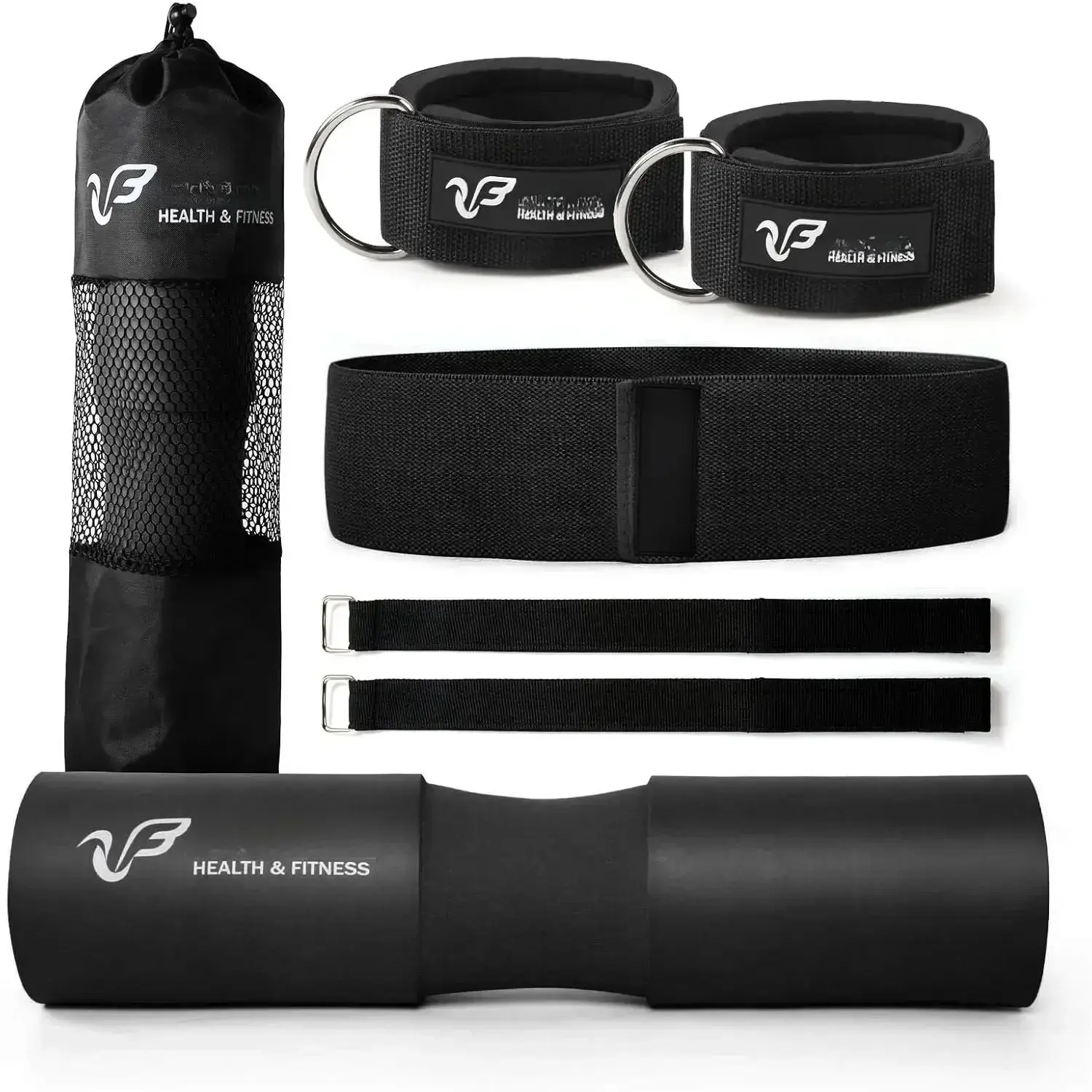 Barbell Squat Pad Set with High-Density Foam - 7-Piece Workout Kit with Resistance Band, Adjustable Nylon Ankle Straps, Includes Carry Bag