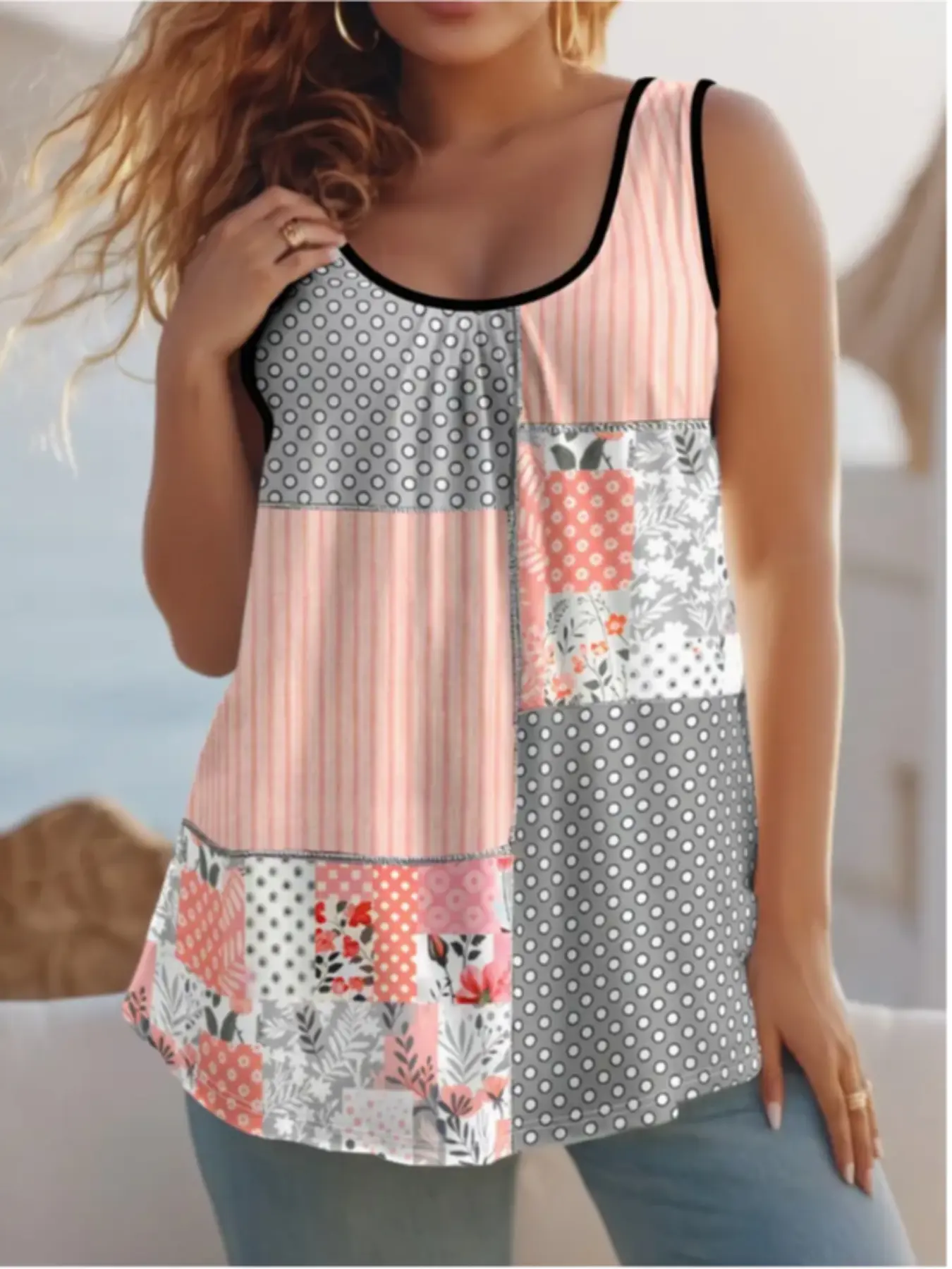 [Plus Size] Patchwork Print Tank Top, Floral Casual Fashion Sleeveless Fitted Lightweight Top for Summer, Women's Clothing for Daily Wear, Breathable Sleeveless Tops, Breathable Summer Tank, Womenswear