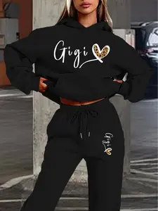 Women's Hooded Knit Sweatshirt Set, Gigi Leopard Heart Print, Sweet Cool Style, Casual Streetwear, Fall & Winter
