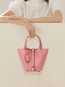 Ryan’s Curated SADI Women's Pink Cowhide Solid Leather Handbag with Drawstring Pouch - Casual Stylish Picnic Basket Style Bag for Daily Use 18cm FallFreshness Boho White，Christmas gift