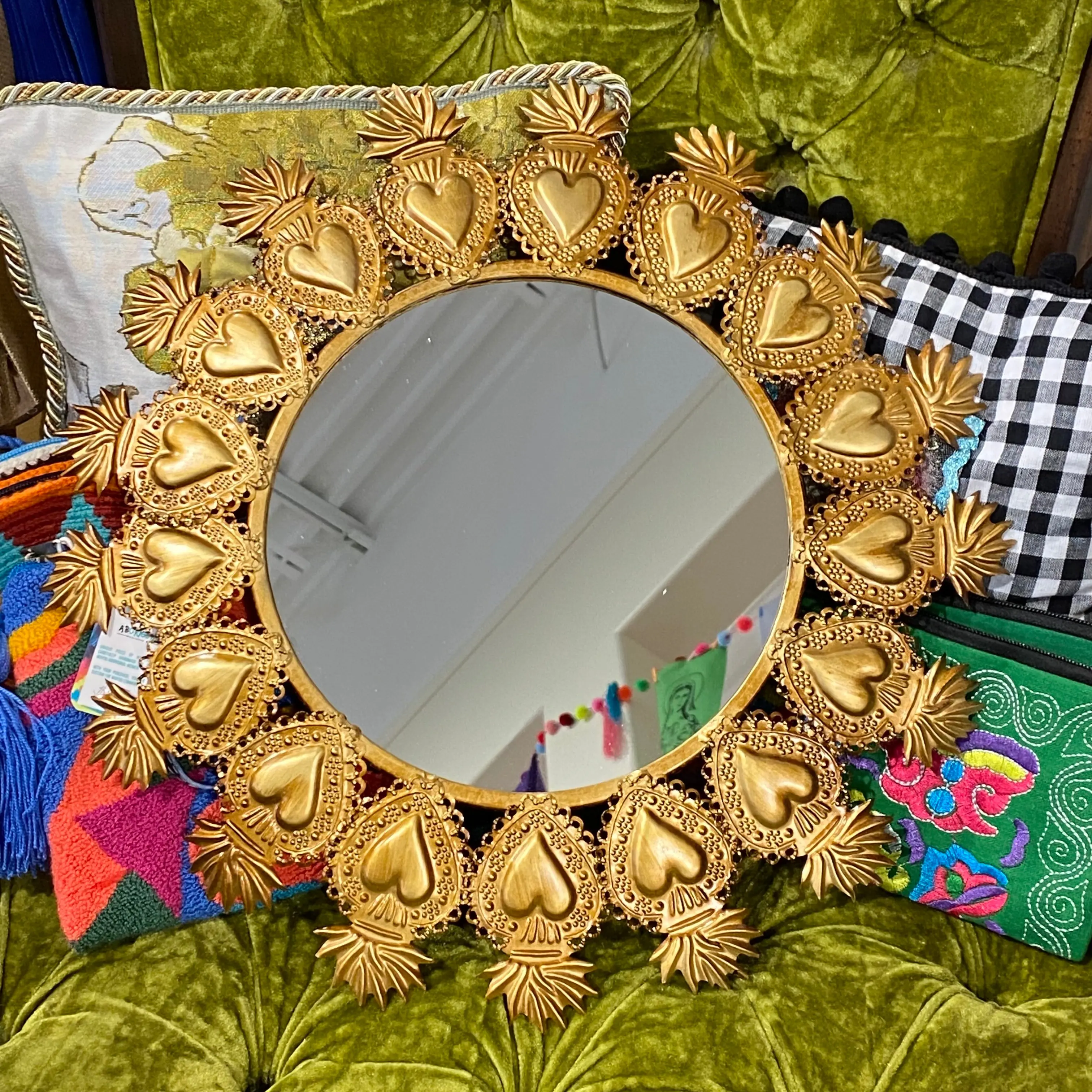 Circle of Love Mirror - Decorative Round Mirror with Heart Design and Gold Accents