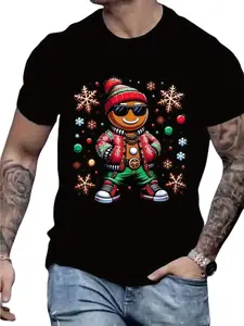 Men's Short Sleeve T-Shirt, Holiday Gingerbread Man and Christmas Snowflake Print, Neutral Round Neck Casual Top, All Seasons Wear