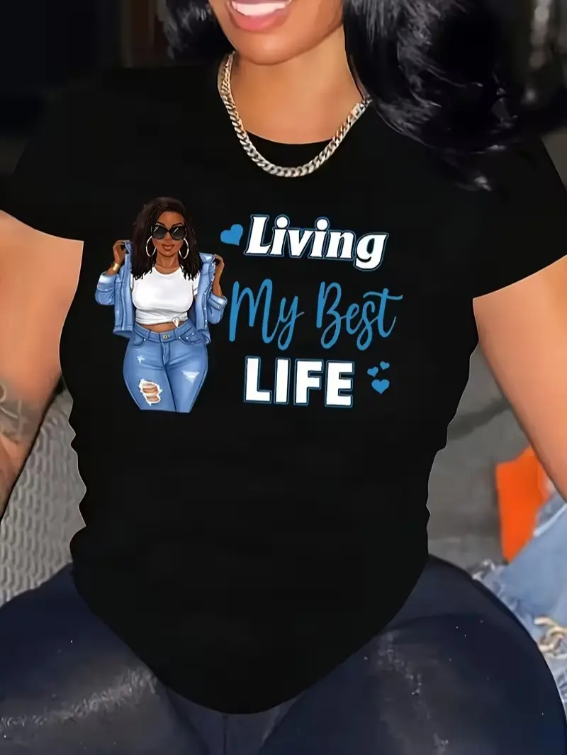 Slogan and Character Print Short-sleeve T-shirt, Women's  Pure CottonCasual T-shirt