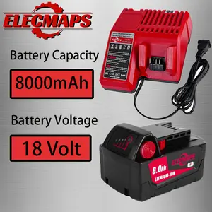 A battery and charger set—an 18V 8.0Ah Lithium-ion battery and charger kit—serving as a replacement battery for cordless power tools.
