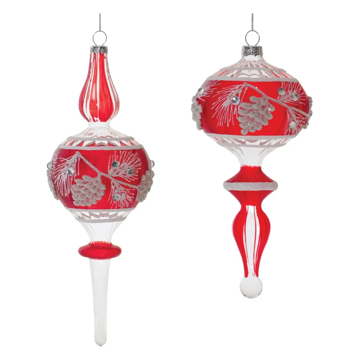 212 MAIN 6-Piece Multi-Size Glass Drop Ornament Set with Hangers - 7.75 in., 9 in., Red, White, Glitter Accents, Woodland Christmas Tree Decor for Home Festive Decoration Use, Christmas Tree Christmas Decor