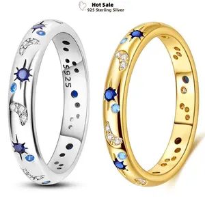HOT Size 4 to10 Rings For Women 925 Silver Blue Zircon Bright Starry Night Star Moon Sun Golden Yellow Wedding Ring Jewelry Gift