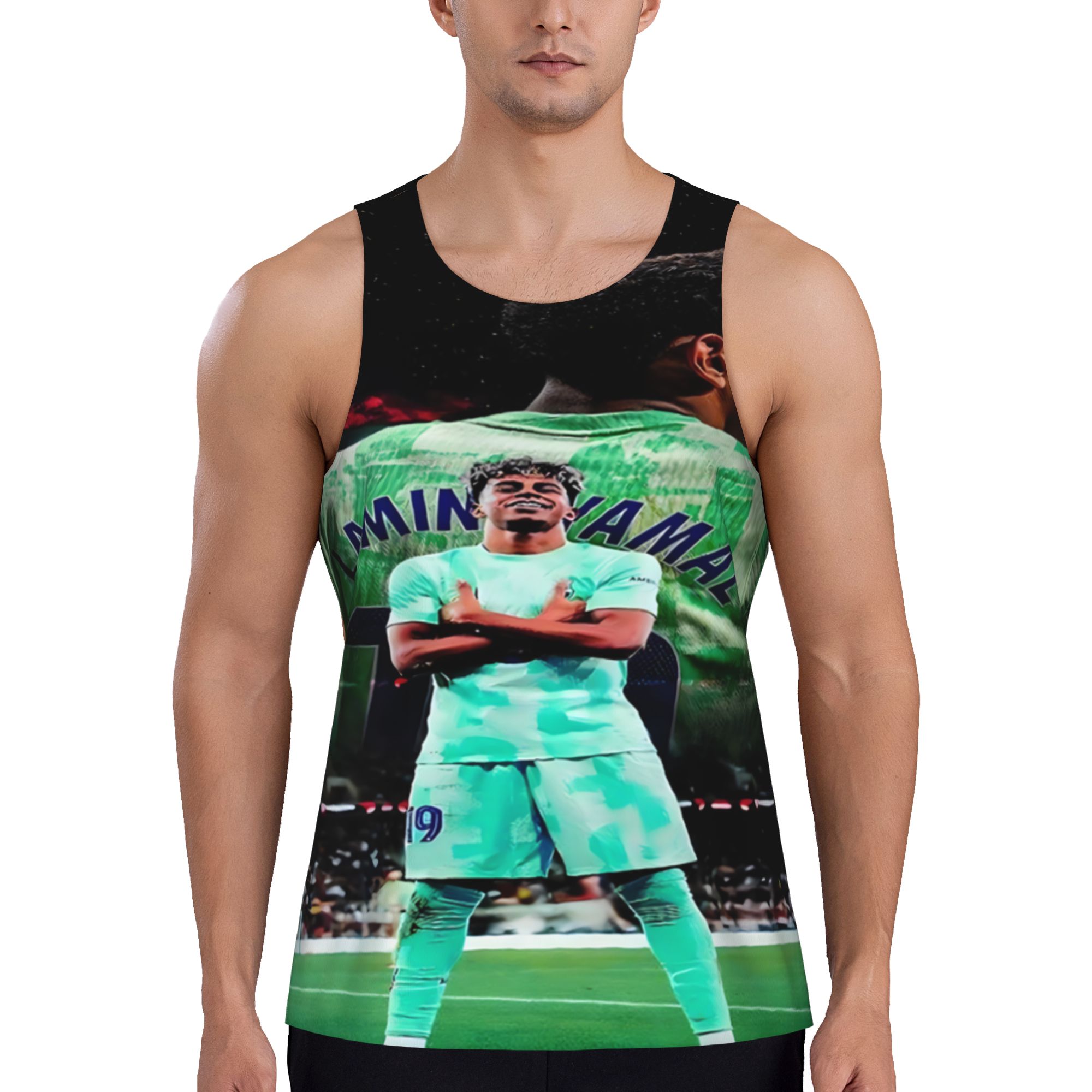 Stand Out With Yamal! Barcelona Mint Green Graphic Muscle Tank Barcelona Lamine Yamal #19 Print Muscle Shirt Summer Vest for Soccer Lovers