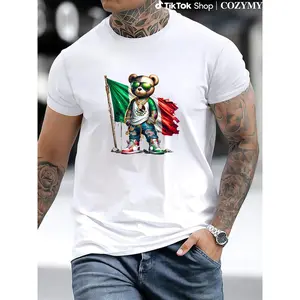 Men's Graphic Tees Casual Cotton T-Shirt with Cool Mexican Pride Bear Design, Hip Style with Flag, men gifts, Fashion Top Fathersdaygift Tshirt