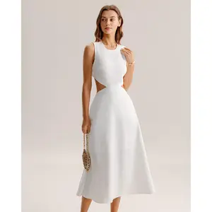 Rihoas Women's White Polyester Round Neck Waisted Cutout Sleeveless Midi Dress - Button-Accented, Minimalist Basic Fabric, Lady's Casual Wear, Ready-to-Wear Single Basic Casual Dresses, Elegant Chic Clothes