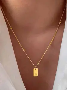 Women's Classic Stainless Steel Beaded Chain Necklace, Rectangular Initial Pendant Design, Elegant Ladies Jewelry Accessory, Initial Letter Necklace