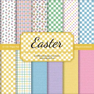 12pcs Easter Themed Scrapbook Paper - Pastel Plaid Lines & Eggs Design Decorative Craft Paper Scrapbook Materials for Journaling, Origami, Card Making & Party Decorations, Scrapbooking Supplies