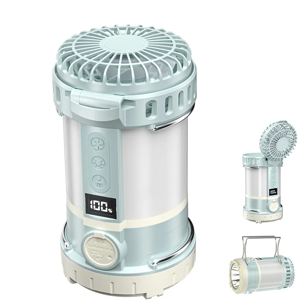 Camping Fan with LED Lantern, Portable Camping Light Fan with Flashlight, 3 Speed 120° Pivot Fan, 4 Light Modes, LCD Display,Rechargeable, Hanging Handle, Emergency Power for Tent Travel Home