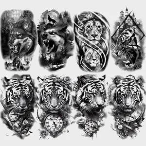 8 Animal Clock Temporary Tattoo Stickers, Realistic Wolf Lion Tiger Designs, Fake Tattoos for Men Women Parties Festivals Events, Waterproof Temporary Tattoos
