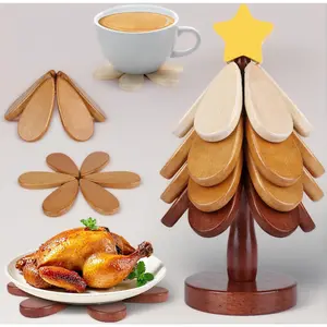 Wooden Trivets for Hot Dishes, 4 Pcs Christmas Tree Shape Foldable Trivet Set, Heat Resistant Coasters for Pots, Pans, Bowls & Teapots, Kitchen Countertop Protector