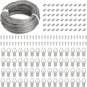 Picture Hanging Wire Kit, 100 FT Braided Hanging Wire, 60pcs D Ring Picture Hangers , 60pcs Aluminum Crimping Loop Sleeve, 60pcs Screws, for Hanging Pictures Painting Hanging Kit Photo Frames