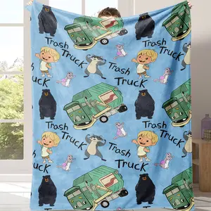 Soft Skin-Friendly 'Trash Truck' Flannel Blanket Adorable Animated Polyester Warm Cozy for Sofas Beds Offices Camping Travel Gifts All Seasons A gift suitable for fans, friends and children