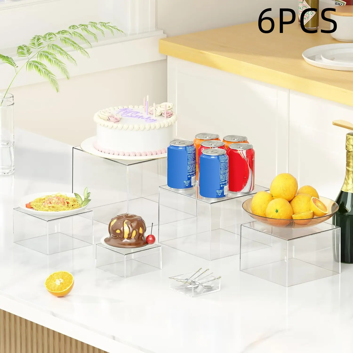 6-Piece Acrylic Square Display Storage Set, Stackable Hollow Base, Multi-Functional Jewelry Dessert Showcase Rack, Versatile Organizer