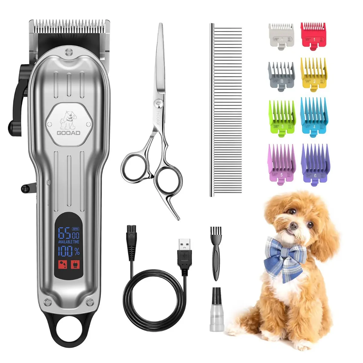 Dog Grooming Kit with Low-Noise Rechargeable Cordless Pet Shaver, Stainless Steel Blade Trimmer for Heavy Thick Hair & Coats of Small to Large Dogs