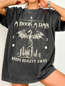 Literary slogan fantasy T-shirts, vintage loose tops for book lovers, casual shirts with dragon and castle prints, retro clothing for reading enthusiasts, daily outfits with fantasy themes, exclusive casual T-shirts for book lovers, loose shirts with drag