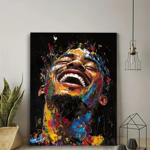 2D Flat 1pc Vibrant Wooden Framed Canvas Art Happy Man Portrait, Smiling Man, Black Art, Painting Full of Positive Energy, Excitement And Joy