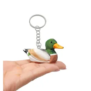 Mallard Duck Keychain Ring Hook Clip Charm Miniature Wood Mini Figurine Small Animal Drake Green Head