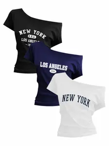 Women's Casual Commuter Loose Fitting off Shoulder T-Shirt Pack of 3, Breathable Soft Fabric with Graphic Nyc La Print, Trendy Summer Tops for Leisure Outings