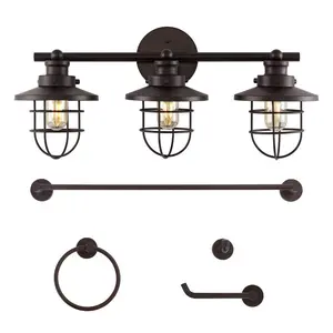 JONATHAN Y Ellis 24" 3-Light Industrial Farmhouse Vanity Light with Bathroom Hardware Accessory Set
