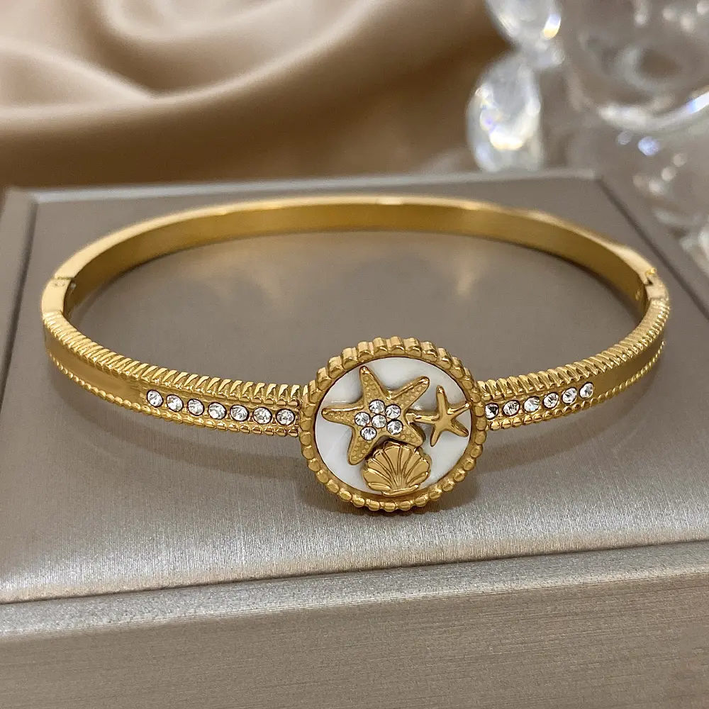 Starfish and Shell Bangle Bracelet for Women, 18K Gold Plated Coastal Nautical Jewelry with Sparkling Crystals, Elegant Ocean Theme Hinged Cuff for Summer Beach Vacation Gift
