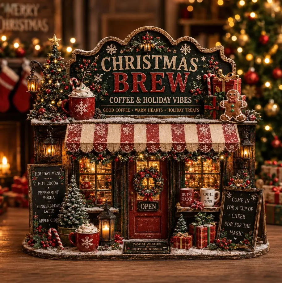 Christmas Brew Wooden Block, Christmas Coffee Bar Decor, Holiday Cafe Sign, Gingerbread Shelf Decor, Coffee Lover Christmas Gift