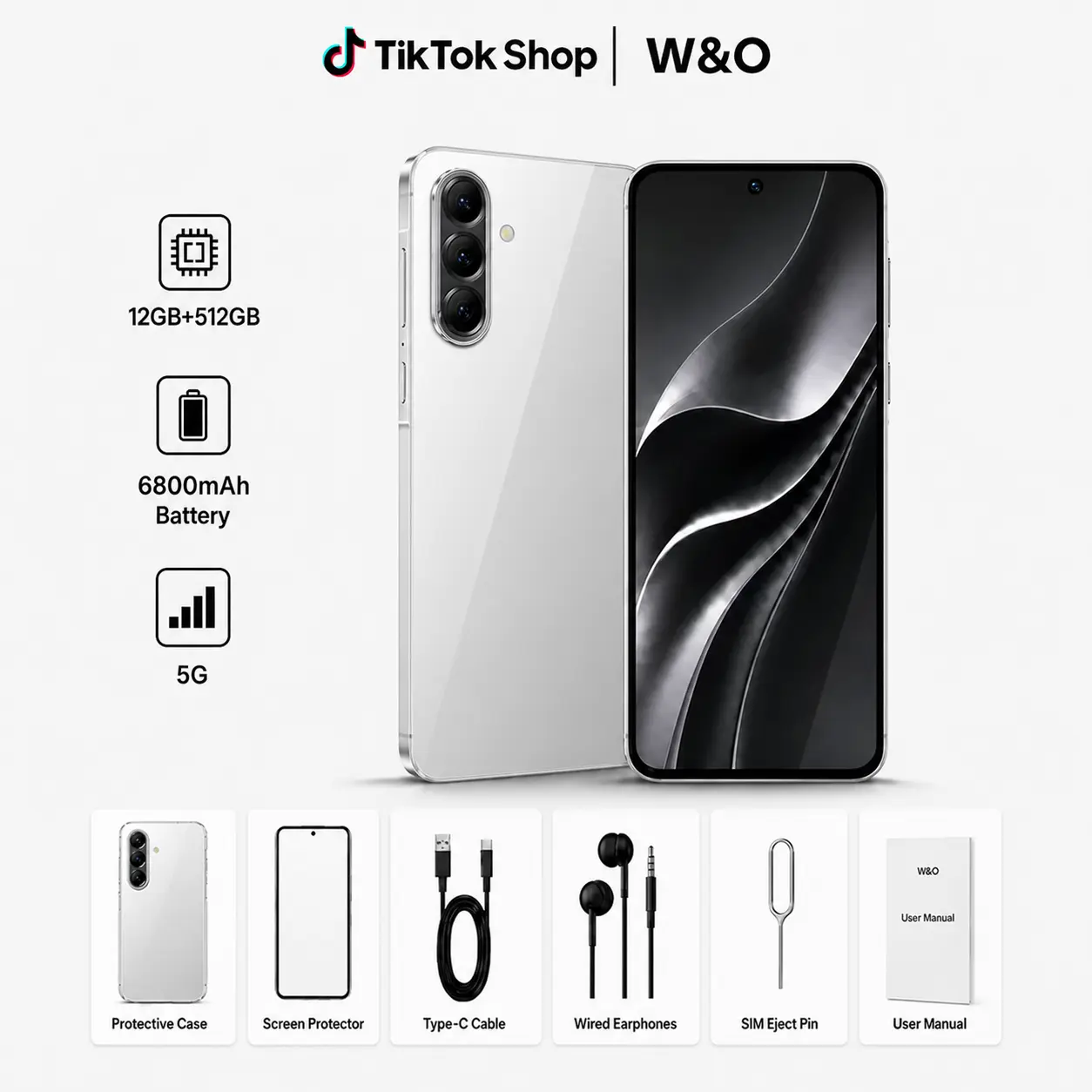 W&O Unlocked 5G Cell Phone, Android 15, 12GB RAM 512GB Storage, 50MP+12MP Dual Camera, 6800mAh Battery, Fast 5G Connectivity, Dual SIM Smartphone for Streaming, Photography, Gaming, Business, Travel & Everyday Use, Christmas Gift
