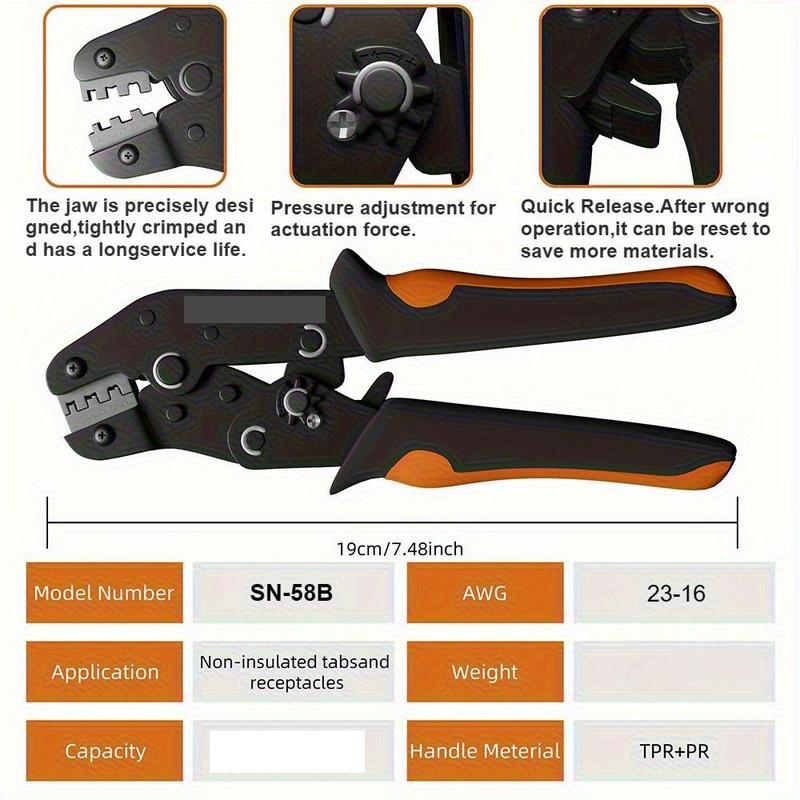 600-piece SN-58B Ratchet Crimping Pliers Set Hand Tools for Crimping AWG 23-16 Terminals, with A 2.8/4.8/6.3mm Male and Female Clamp Connector Combination Kit