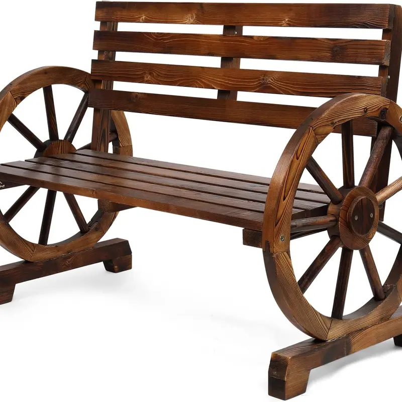 Ubesgoo Carbonized Weather-Ready Wood 2-Seat Wheel Bench with Burnt-Like Wood Finish, 41"(L)x21"(W)x31"(H) Rustic Slatted Seat & Back, 350lbs Capacity Patio Outdoor Furniture, Assembly-Required Adult Yard Seating