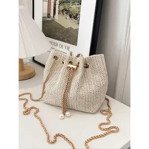 Small Fashion Plain Hollow Woven Chain Drawstring Mini Crossbody Bucket Bag, Versatile Design for Shopping and Travel