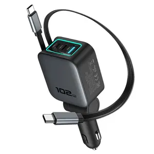 5 in 1 Retractable USB C Car Charger, 102W with Type C PD Retractable Cable Fast Charging Charger, Mobile Phone Charger in Car Use