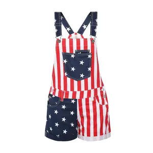 Unisex American Flag Overalls Shorts Denim Bib Romper 4th of July Striped Stars Jumpsuit with Pockets Independence Day Outfit