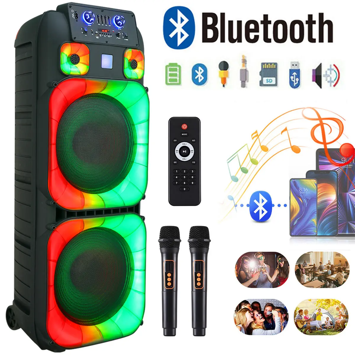 Portable Bluetooth PA Speaker System High Power Dual 15" Speakers Wireless Rechargeable Two Wireless Micrphone Remote Control Colorful LED Party Light Stereo Audio SoundBox DJ