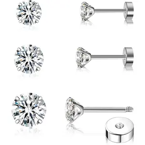 3 Pairs Flat Back Earrings for Women, Titanium CZ Stud Flat Screw Back, Hypoallergenic Cartilage Flatback, Tragus Helix Tragus Conch Piercing(3mm/4mm/5mm Gold/Pink/Silver/Black White CZ)