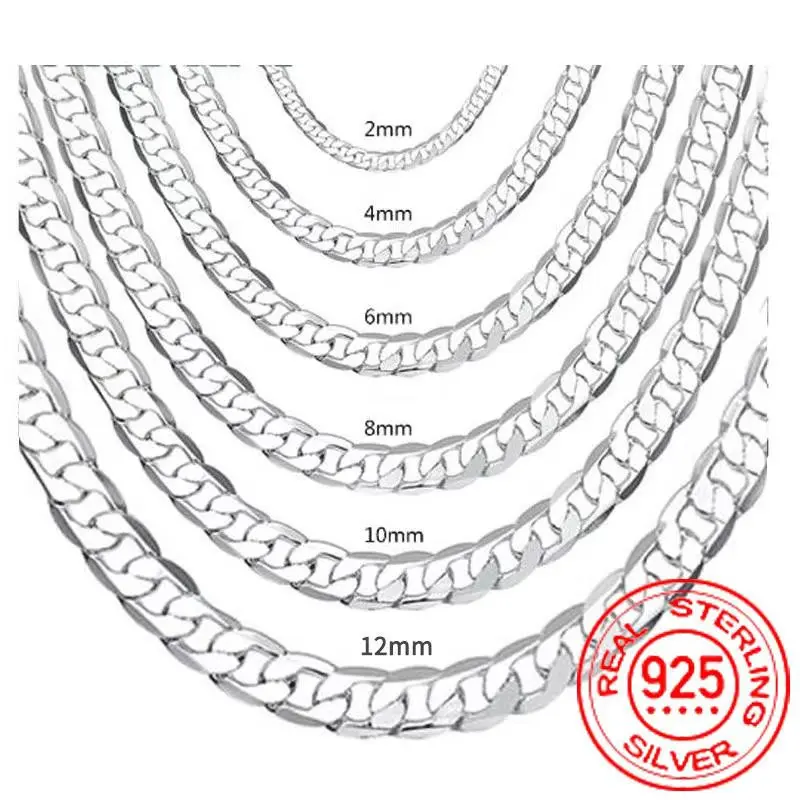 Men's 925 Silver Plated Necklace 2/4/6/8/10/12MM 40-75cm Face Chain Necklace Lobster Clasp Men And Women Engagement Jewelry