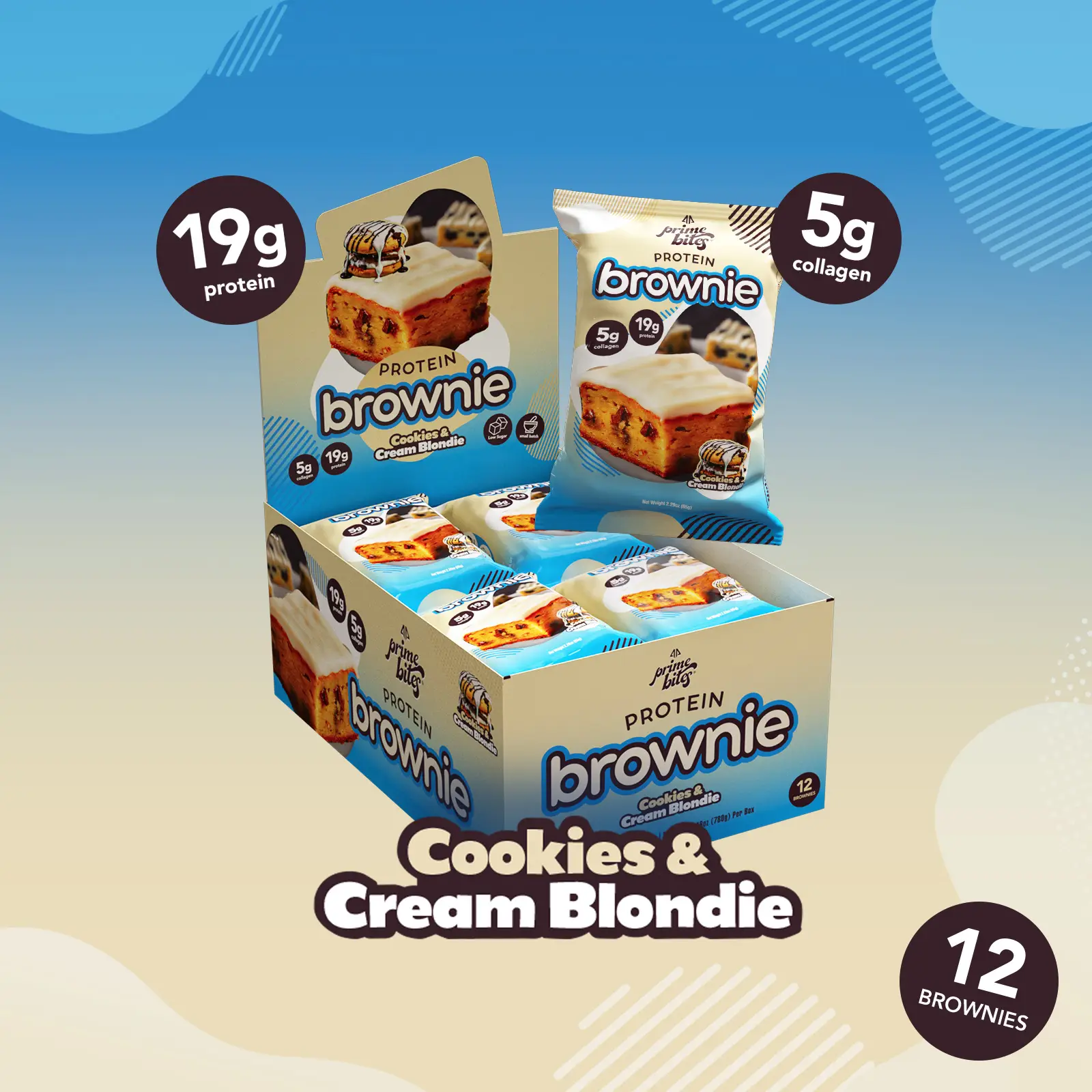 12 Pack - Cookie & Cream Blondie Prime Bites Protein Brownies - High Protein Snack