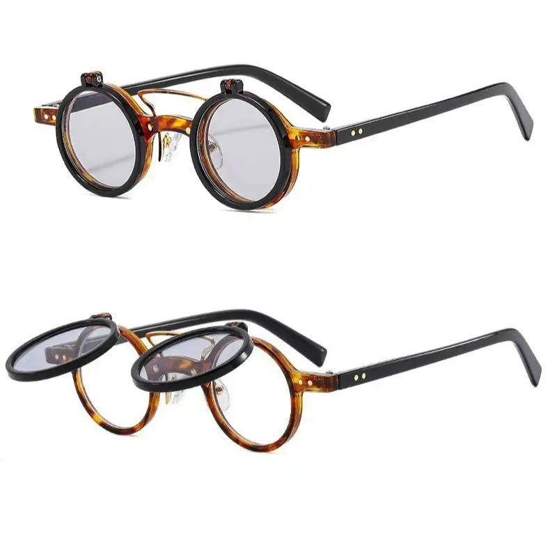 Unisex Punk Round Flip-Up Sunglasses - Retro Steampunk Design, UV400 Lens, Durable Metal-PC Frame, Lightweight Fit, Biker Eyewear, Eases Outdoor Strong Light Glare, Ideal for Motorcycle Riding