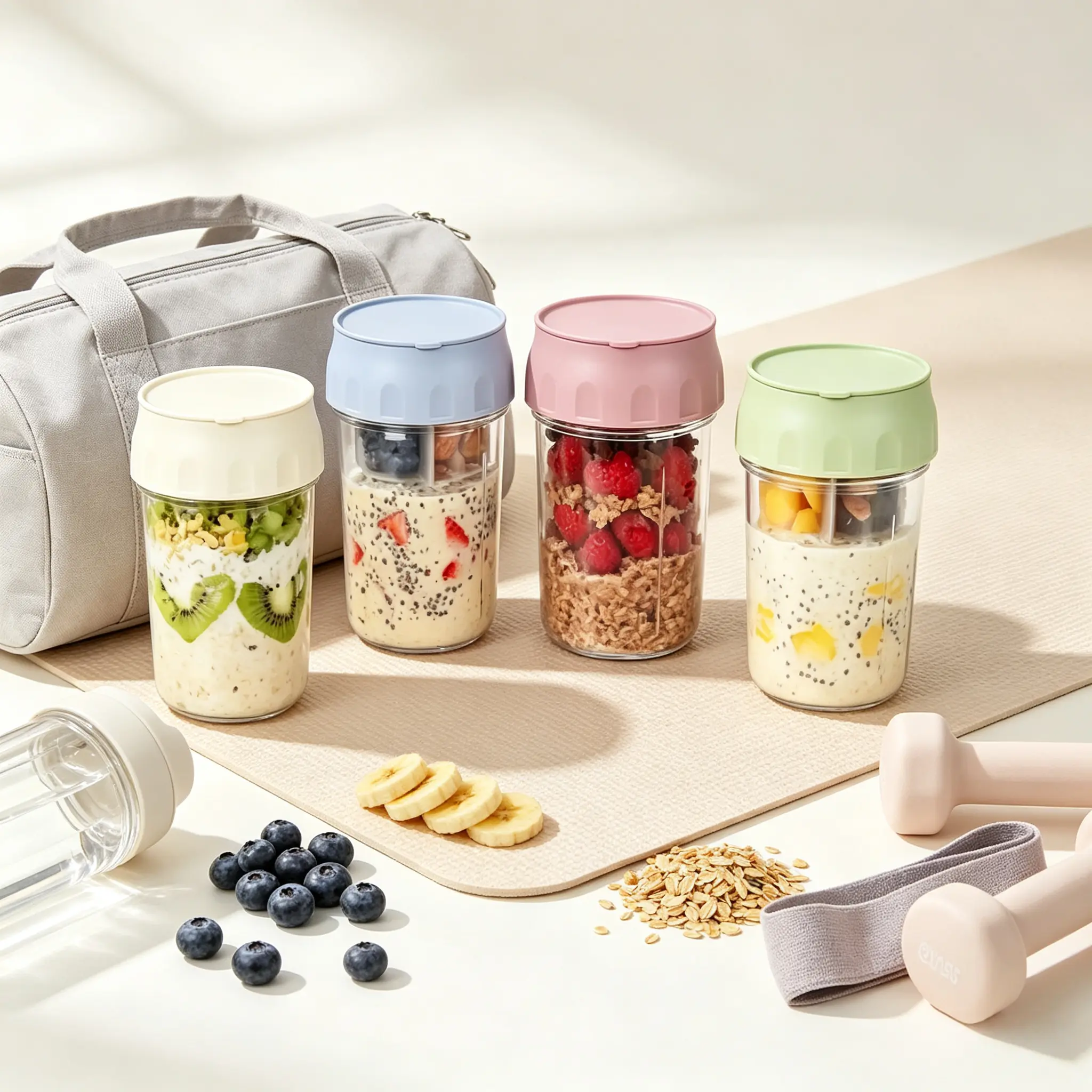 4-Pack 16oz Reusable Glass Overnight Oats Jars, Airtight Leakproof Food Storage Containers with Dry-Wet Separation Design & Folding Spoon, Stackable Portable Meal Prep Jars