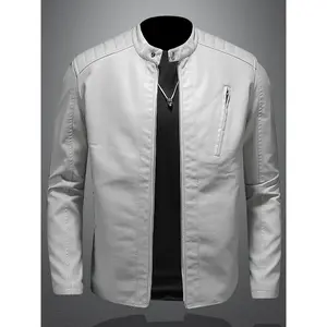 Men's motorcycle leather jacket stand collar solid color jacket, high-end windproof street wear, artificial leather outdoor wear