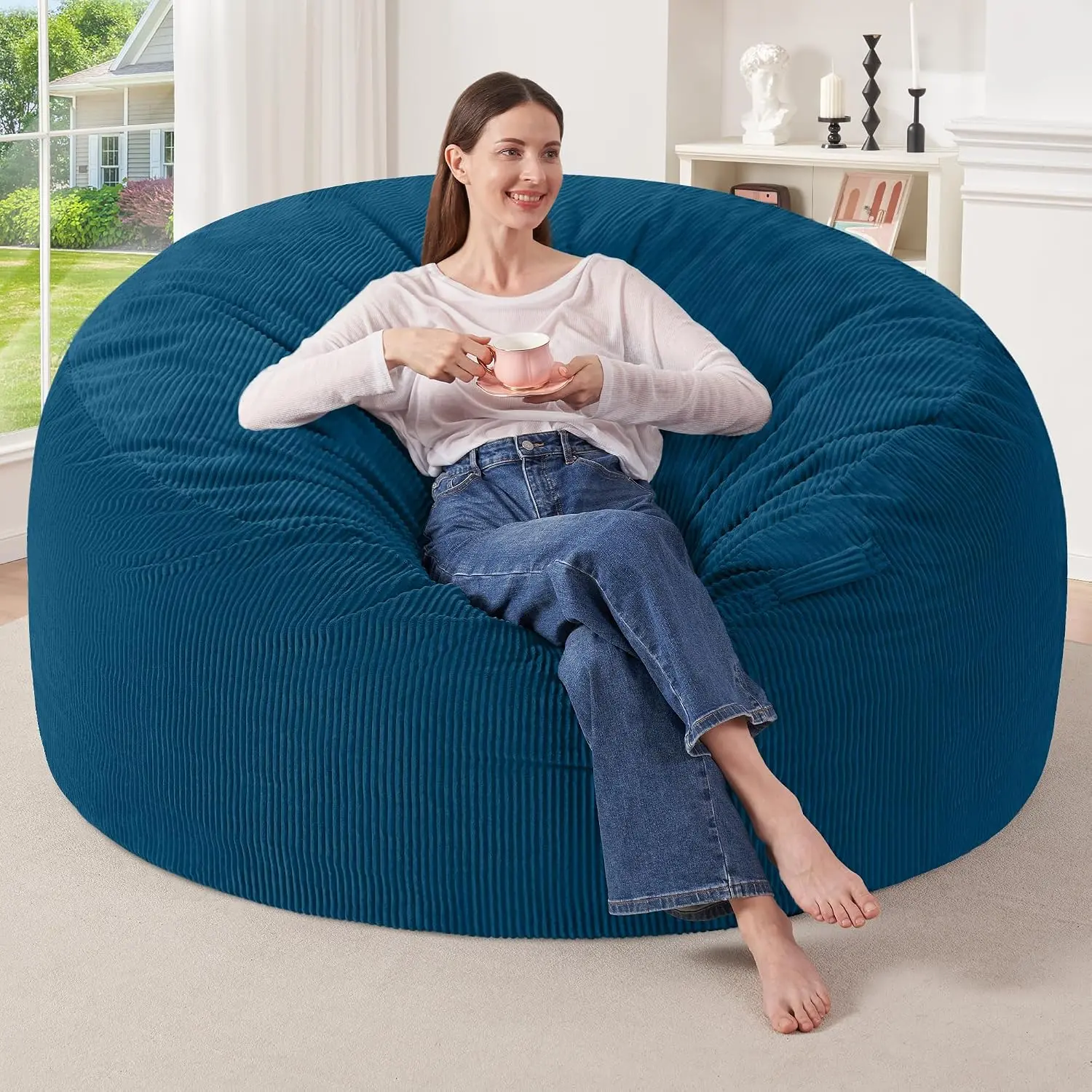 5FT Bean Bag Chair,Giant Bean Bag Chairs for Adults,Big Bean Bags with Memory Foam Filled, Large Beanbag Chairs with Soft Corduroy Cover-Dark Blue