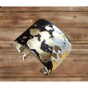 Hair-on-Hide Mixed Metallic Leather Bangle Bracelet 010z