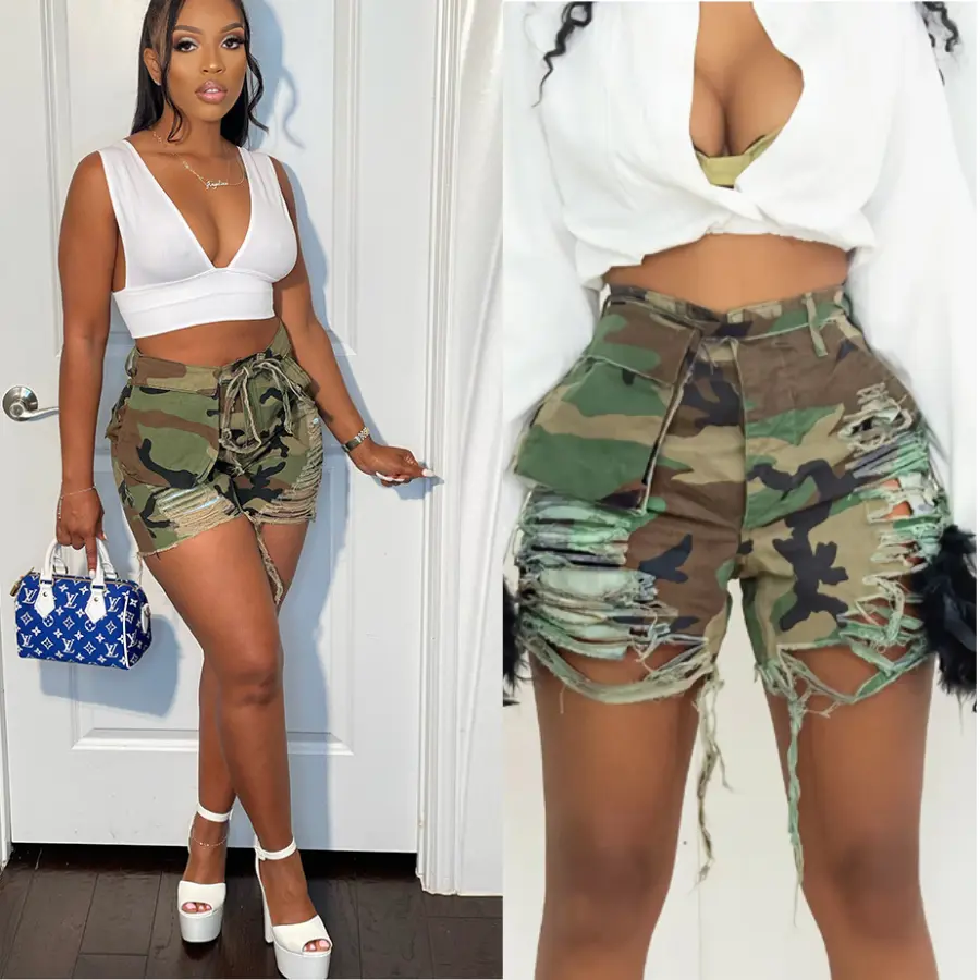 2025 Women's Camo Print 2-Piece Set – Short Sleeve Button-Up Shirt & Split Mini Skirt, Trendy Summer Casual Outfit