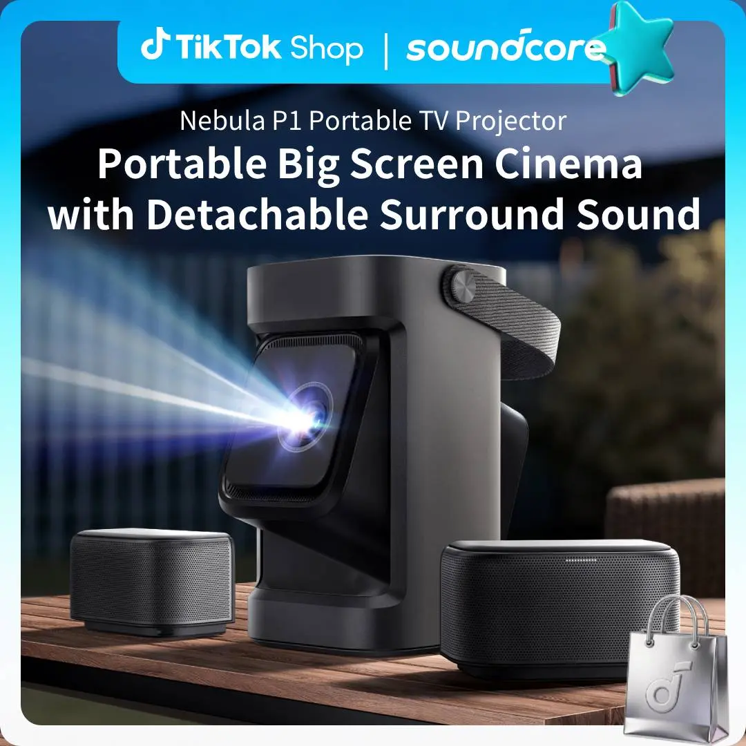 Nebula P1 Portable GTV Projector with Detachable Speakers, 650 ANSI Lumens, 1080P, 20W 2.0 Surround Sound, Dolby Audio, Built-In Gimbal, Auto Adjustment, 180" Max Screen, Carry Handle, Projector for Bedroom, Adapter, Box, Wireless #tiktokshopsummersale, G