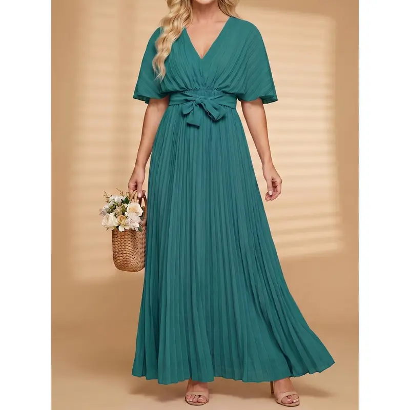 green emerald velvet dress Graceful Asymmetric A-Line Pleated Empire Waist Chiffon Dresses V Neck main image 0